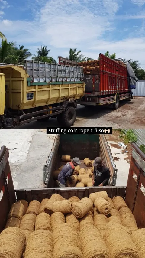 Coir rope coils being loaded onto a fuso truck