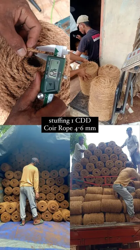 Digital caliper measuring coir rope diameter during production
